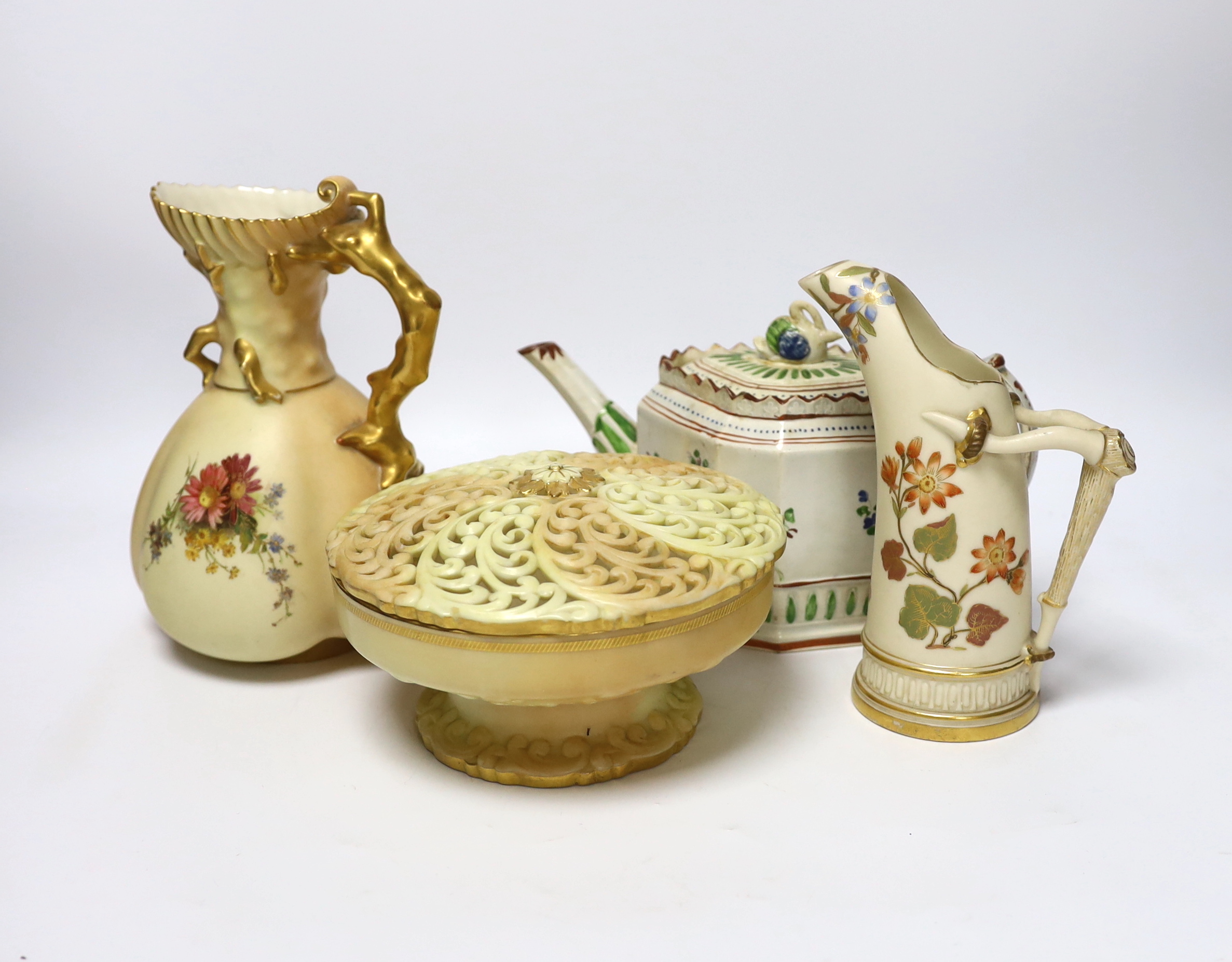 Three pieces of Royal Worcester blush ivory porcelain and an early 19th century pearlware teapot, tallest 19cm